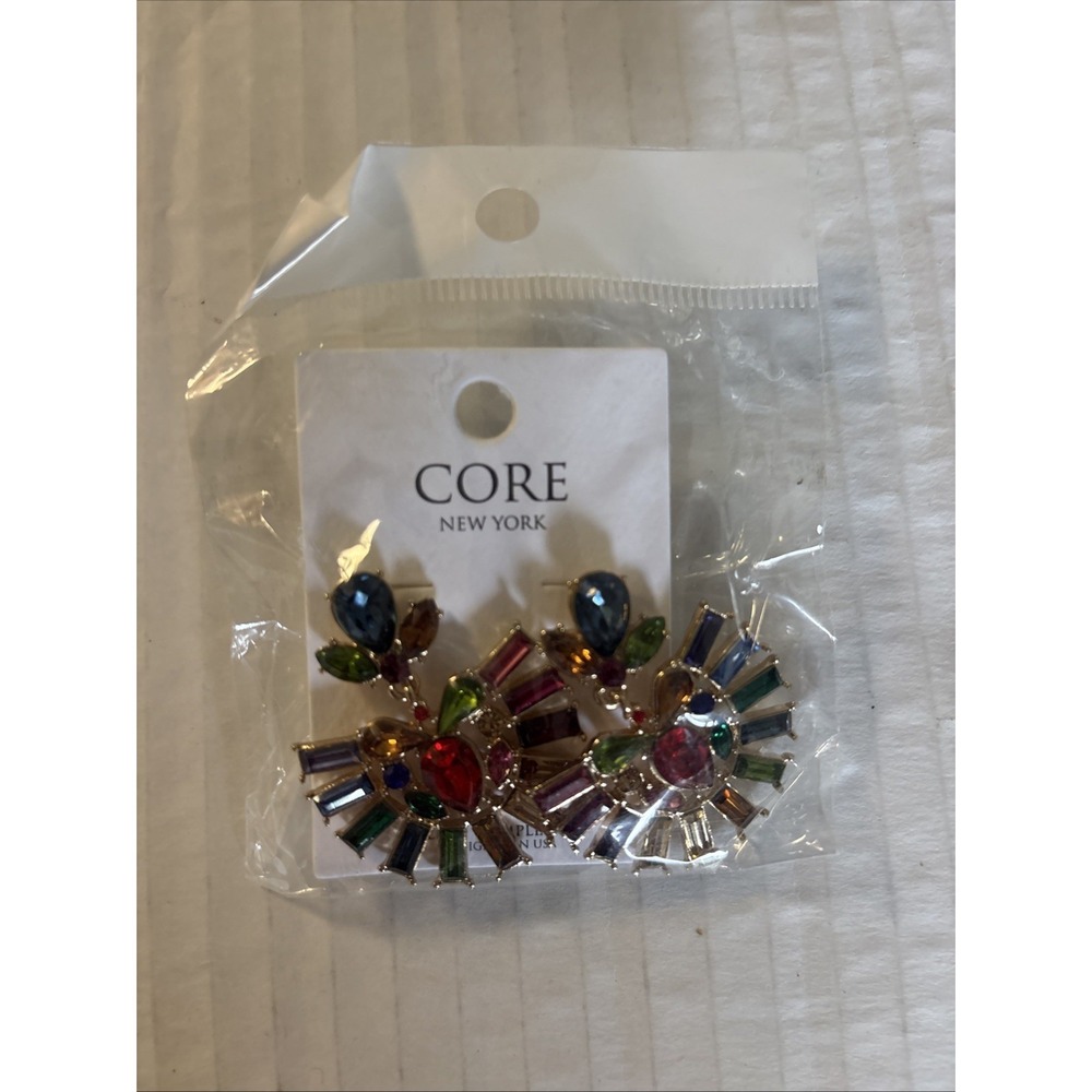 CORE New York Multicolor Rhinestone Statement Earring Crystal Sunburst Gold Tone